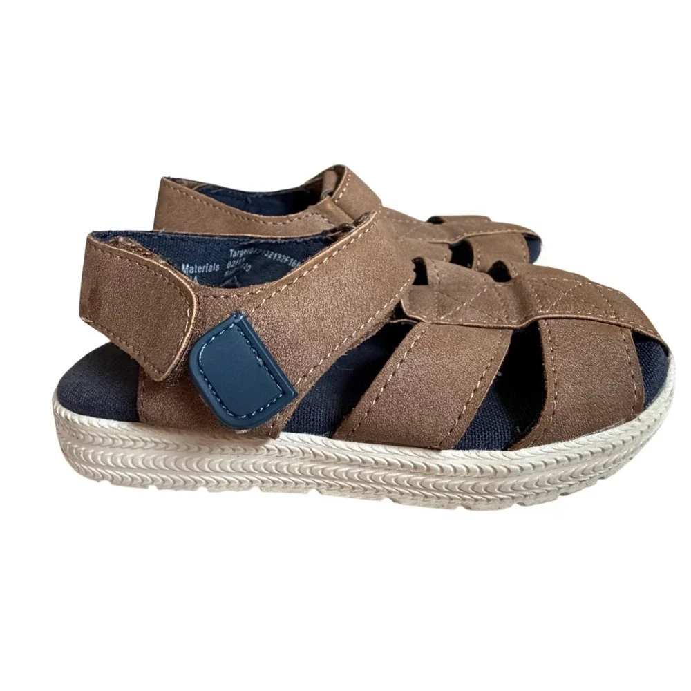 Cat & Jack Toddler Boys Brown Fisherman Sandals Size 7 Hook Loop Caged Shoes